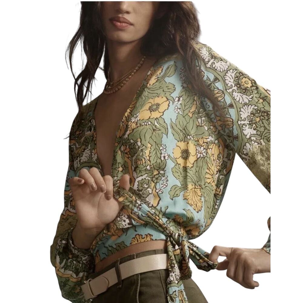 Anthropologie TINY Floral Paisley Wrap Top Size SMALL V Neck Puff Sleeves Blouse